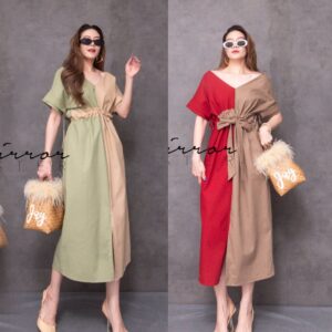 (PROMOTION) (นางแบบ ใส่ ชุด ขาย) 2ToNE V Basic Nacis DReSS เดรสคอวีทูโทน ดีไซน์เก๋ แต่งสลับสีซ้ายขวา ดีเทลน่ารักๆ