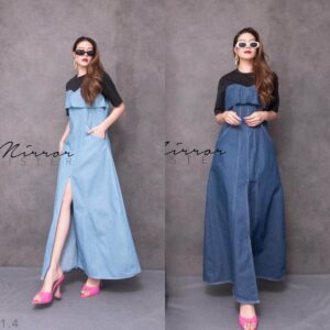 (นางแบบ ใส่ ชุด ขาย) Korea n DeNim MaXi DReSS เดรสยีนส์ ดีไซน์เหมือนเป็นเสื้อยืดคอกลมสีดำ ทับด้วยเดรสเกาะอก