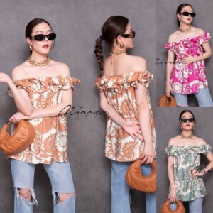 (นางแบบ ใส่ ชุด ขาย) Bohemian Chic Shoulder off Top เสื้อปาดไหล่ ลายเก๋ สไตล์โบฮีเมียน ช่วงอกแต่งระบายหน้าหลัง