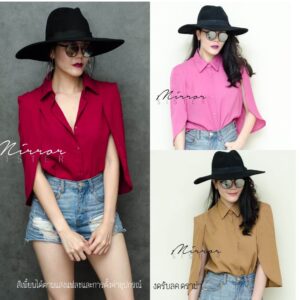V2 Poncho Chic Shirt Top เสื้อเชิ๊ตปีกค้างคาว เสื้อเชิ้ต ทรงเก๋ๆใส่ได้ตลอดๆ ดีไซน์เก๋ เสื้อแขนผ่า อำพรางแขน