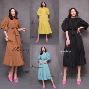 (NEWspecialPrice) v2 TokyO FishTail DreSS เดรสแขนพอง ทรงเก๋ ชายต่อผ้าจับย้วยปลายบานนิดๆทรงหางปลา พร้อมผ้าผูกเอวเข้ารูป