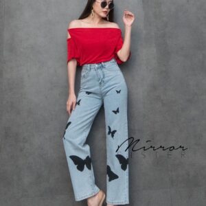 CH BuTTerFly JeaN DeniM PanTs สวยกรุบ กางเกงยีนส์แต่งผีเสื้อ ยีนส์ขากระบอก เอวสูง ทรงชิคๆเก๋ที่ลายเพ้นผีเสื้อสีดำ