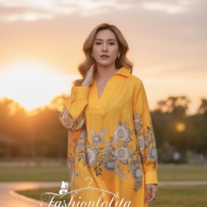 มีชมพู เหลือง Daily Look Flower Bloom Dress เดรสเชิ้ต ผู้หญิง เดรสลายดอก เดรสสั้นทรงหลวม เดรสคาเฟ่ ใส่เที่ยว