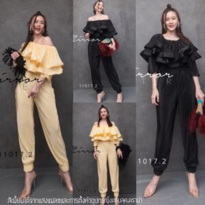 SM Marry Me Jumpsuit สวยกรุบ จั้มสูทอัดพลีท อกระบาย จั้มสูทปาดไหล่ ใส่แบบไหล่ขึ้นก้อได้ แต่งระบาย ปลายขากางเกงจั้ม