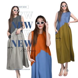 (PROMOTION) (นางแบบ ใส่ ชุด ขาย) Mercy 2ToNEs Maxi DReSS เดรสแขนกุด ทูโทน เล่นสีดีไซน์ตัดต่อผ้าเฉลียง สวยเก๋ดูมีสไตล์