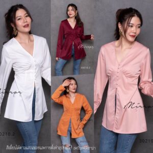 ViViD Pure LonG ToP เสื้อตัวยาว คอวีแหลมจับทวิสช่วงอก เสื้อผ่าแหวกด้านหน้าเก๋ๆ เสื้อทรงสวยยาวคลุมสะโพก