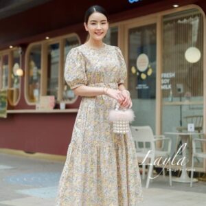 (VintagE GardeN DreSS) พร้อมเข็มขัดเข้าชุด เดรสลายดอก ดอกเล็กสุดคิ้ว กระโปรงบานทรงน่ารัก เดรสวินเทจ เดรสแขนตุ๊กตา