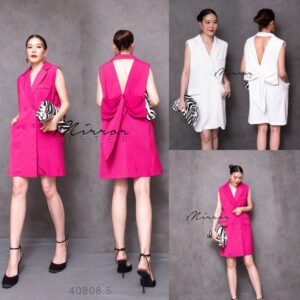(NEWspecialPrice) (นางแบบ ใส่ ชุด ขาย) IcoNic Bow Back-off BLaZER DReSS เดรสหลังเว้า แต่งโบว์ใหญ่ สุดชิค ดีเทลแขนกุด
