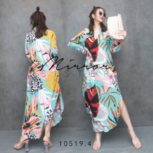 V1 FW Colorful Monstera Forest Maxidress เดรสยาว เดรสคอจีน เดรสลายสดใส ทรงใส่ง่าย ตัวเดียวเอาอยู่ ชายกระโปรงทรงโค้ง