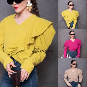 (นางแบบ ใส่ ชุด ขาย) Frill in Sunny Day Top ดีเทลเก๋ ทรงเริ่ด เสื้อแขนยก แขนพองแต่งระบาย ข้างนึงเก๋ๆ เอวจับdrapย่น