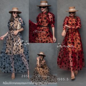 VelVeT GypsophiLa GardeN Maxi DreSS พร้อมเข็มขัด เดรสยาวผ้าซีทรู ผ้าเนื้อนุ่มไม่คัน เดรสลายดอกกำมะหยี่