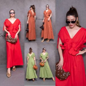 (นางแบบ ใส่ ชุด ขาย) 4 Daisie Dress เดรสคอวี ดอกไม้ 3D แขนรูด ผูกหลัง ดอกไม้ใหญ่ ทรงหลวม ใส่สบาย แมทช์ง่าย ใส่เที่ยว