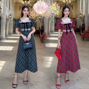 (PROMOTION) ((นางแบบ ใส่ ชุด ขาย) ป้าย LINDA XM Scott Celebrating Dress เดรสยาวผ้าทอลายสก็อตเกรดพรี่เมี่ยม
