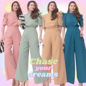 (นางแบบ ใส่ ชุด ขาย) v1 WAWA Dolly Set ชุดเซ็ทเสื้อกางเกง ชุดเซ็ตสีพื้น เสื้อไหล่ยก คอระบายแขนตุ๊กตาจับไหล่ยกสวยเก๋
