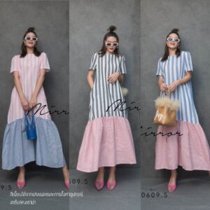 v1 GP Cozy Stripe MaxidreSS แม็กซี่เดรส ผ้าคอตตอนผสมลินินใส่สบาย เดรสยาว ทรงปล่อยชายระบาย มีกระเป๋าล้วง2ข้าง