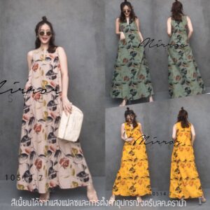 Vintage Leaves Maxidress เดรสสไตล์ญี่ปุ่น เดรสวินเทจ เดรสยาวแขนกุด ลินินผสมผ้าทอใส่สบาย ชิลแต่ชิค แม็กซี่เดรสแขนกุด