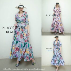 V1 FL ZR FusioN BlooM on Stripe Maxi DReSS เดรสเชิ้ต ตัวยาวสวยพริ้วพร้อมผ้าผูกเอว เดรสยาวลายริ้ว สวยดูดี เดรสลายดอกไม้