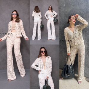 (นางแบบ ใส่ ชุด ขาย) v1 Lamoon Feminine Vintage Set สวยดูแพง ชุดเซ็ต เสื้อกางเกง ผ้างานถัก ทอ เสื้อกระดุมหน้าคอวี