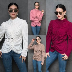 ป้าย MIRRORSISTER ต่ำกว่าทุน (นางแบบ ใส่ ชุด ขาย) Snap Shot in Minute Blouse เสื้อคอปีนผู้หญิง เสื้อแขนยาวปลายแขนจั้ม