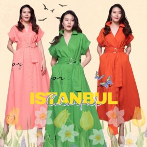 V1 Istanbul Shirt Maxi Dress เดรสเชิ๊ต แขนพับเบิ้ล เดรสคอวี ทรงเอบานสวยเก๋ พร้อมเข็มขัดผ้าเข้าชุด ผ้าลินินผสม