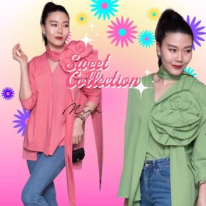 (นางแบบ ใส่ ชุด ขาย) v1 2 in 1 Rose Sweet xx Top เซ็ทเสื้อคู่เข็มกลัด ดอกโต เสื้อทรงหลวม คอวี มีกระดุมแป๊กติดช่วงอก