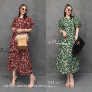 FW V2 About VintagE PuFF Maxi DreSS เดรสลายดอก เดรสวินเทจ เดรสแขนบอลลูน ผ้าลายสวย ลายดอกสีเข้มสวยเด่น เดรสแขนพอง