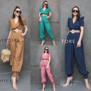 CH V2 PuffY Romper JumpsuiT จั้มสูทไหล่ยก จั้มสูทขาจั๊ม ทรงน่ารัก จั้มสูทขายาว คอวี แขนสั้นไหล่ยก พร้อมเข็มขัด