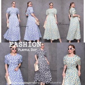 Puffy Polka dot Maxi Dress น่ารักขี้เล่น เดรสยาว เดรสลายจุด สุดน่ารัก เดรสแขนกระปุก เอวสม็อกยืดได้ กระโปรงทรงเอใส่สบาย