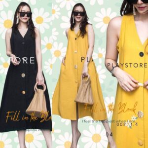 ️ ️ ️ ️ V5 Showy multi Button Gimmick Dress เดรสแขนกุดคอวี ทรงหลวม ใส่สบายทรงAปล่อย ชุดกระโปรงทรงเอ