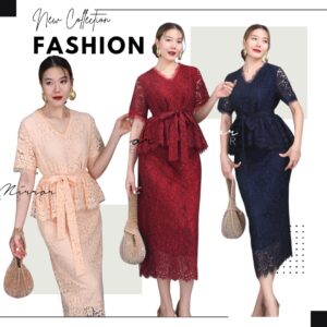 Lace Set Neatly Complete Look สวยออกงานได้ ชุดเซ็ตลูกไม้ เซ็ตเสื้อกระโปรงลูกไม้ เสื้อแขนสั้นคอวีชายปล่อยระบาย