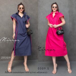 (PROMOTION) V2 2ToneS MinimaL SporTY DRESS เดรสเชิ๊ต เดรสมินิมอล เก๋ เดรสกระดุมหน้า แขนระบายกุ๊นสลับสี
