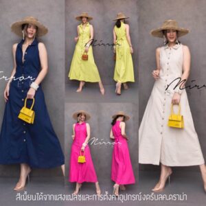 Beach Fresh Dress เดรสแขนกุด เดรสวินเทจผ้าลินินผสม กระดุมไม้ผ้าหน้าเรียงยาวสุดเก๋ แม็กซี่เดรสทรงเอ ใส่ได้บ่อย
