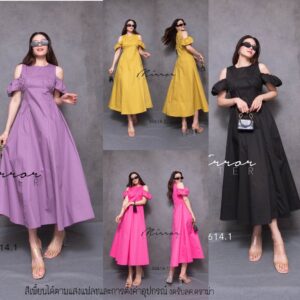 (นางแบบ ใส่ ชุด ขาย) Aeya Yaya Doll off shoulder DreSS เดรสเว้าไหล่ เดรสแขนตุ๊กตา เข้ารูปช่วงเอว จับจีบทวิสข้างสะโพก