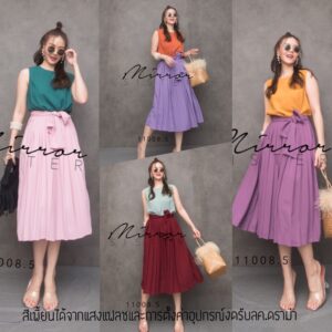 Mirror Sister V1 Mermaid pleat Dress เดรสทูโทน ช่วงกระโปรงเป็นพลีท เดรสแขนกุด แพทเทิร์นน่ารัก ใส่ได้ตลอด พร้อมสายผูกเอว