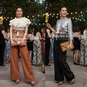 FLORÉ EMBROIDERED STRAIGHT-LEG PANTS with BELT กางเกงขายาวทรงตรงเอวสูง ดีไซน์ปักลายดอกไม้ที่ปลายขาทั้งสองข้าง ใส่แล้วดู