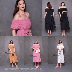 (นางแบบ ใส่ ชุด ขาย) AVA At the beach shoulder-off Dress เดรสปาดไหล่ สายเดี่ยว ปรับสายได้ เดรสแขนกระปุก ทรงปล่อย