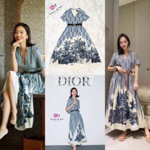 (ภาพวางถ่ายสินค้าจริง) มาพร้อมเข็มขัดCD ป้ายwidelia Real Vacation D ioR Maxi Dress เดรสยาวคอปก คอวี ลายสวยเป๊ะ