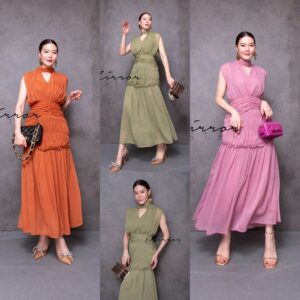 (นางแบบ ใส่ ชุด ขาย) Cinderella Tri Collar Dress เดรสยาวแขนกุด คอวีเจาะเป็นสามเหลี่ยม อกจีบ