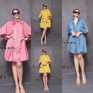 ️ ️ ️ ️ (นางแบบ ใส่ ชุด ขาย) V2 Korean bow balloon Mini Dress เดรสสั้น มีสายผูก ผูกเป็นโบว์ตรงคอหรือเอวก้อได้