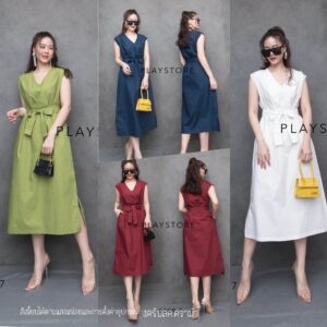 V Twist ClassiC DreSS เดรสแขนกุด เดรสคลาสสิค เดรสคอวี ช่วงอกจับทวิสดูมีมิติ พร้อมสายผูกเอว มีกระเป๋าข้าง