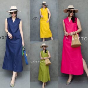 V v1 ClassiC SeA Beach MaxidreSs เดรสยาว แม็กซี่เดรส เดรสคอวี แขนกุด เรียบคลาสสิก ใส่แล้วหุ่นดี ผ้าลินินผสมใส่สบาย