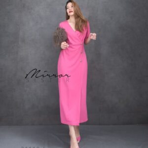 Ceo Vintage Xcollar A line Dress เดรสอกไขว้ แขนสั้น เดรสสีพื้น ทรงเอสอบ แต่งกระดุมเรียงด้านข้าง ดีเทลเรียบเก๋