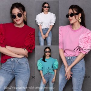SW Rosey Rose BlooM in BlooM Top เสื้อแขนดอกไม้ เสื้อกุหลาบ แต่งแขนด้วยดอกไม้ขดสวย แต่งดอกใหญ่ดีเทลสวยปัง