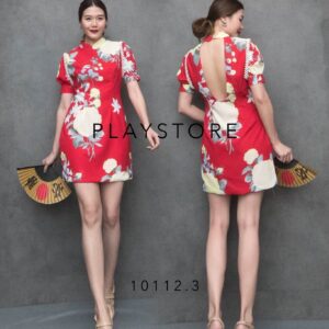 (งานตามหาแซ่บเว่อ) MandariN pearL LuckY DreSS เดรสคอจีน สไตล์Qipao เดรสสีแดงลายดอก สุดเกร๋แซ่บเต็มคาราเบล