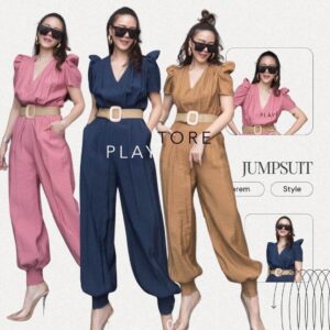(MegaSALE) V3 PuffY Romper JumpsuiT จั้มสูทไหล่ยก จั้มสูทขาจั๊ม ทรงน่ารัก จั้มสูทขายาว คอวี แขนสั้นไหล่ยก พร้อมเข็มขัด