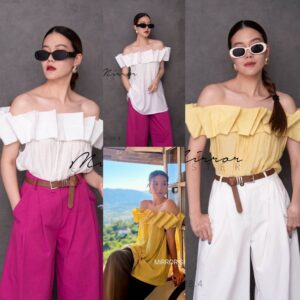 (นางแบบ ใส่ ชุด ขาย) Womenity Pleat SHoULDER-oFF Top เสื้อปาดไหล่ ตัวเก๋ แต่งดีเทลพับจีบรอบตัว หน้าหลัง