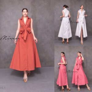 (นางแบบ ใส่ ชุด ขาย) Grand SweetY BoW DReSS เดรสยาวแขนกุด เดรสโบใหญ่ กระดุมหน้า คอปกเว้าหลัง