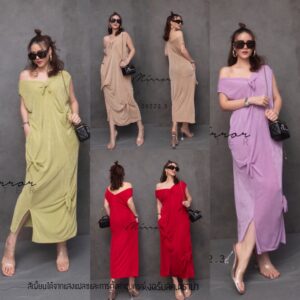SX ShaPeD iN YoU BoW DreSS เดรสผ้ายืด เนื้อนิ่มเหลือบเงาเบาๆ เดรสคอวี คอกว้างใส่แบบไหล่ตกได้ ดีเทลชุดเก๋ มีสายผูกได้4โบ