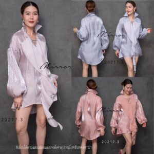 v2 VC Glam ‘n GloW in YoU Long TOP เสื้อยาวผ้าเงา เสื้อผ้าเหลือบ เล่นแสงฉ่ำวาว ช่วงอกแต่งคอร้อยเชือกสุดเก๋