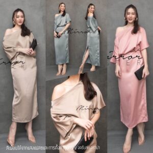 LX SatiN ClaSSy MaxidresS เดรสซาติน ทรงหลวม เรียบเก๋คลาสสิก เดรสเปิดไหล่ เดรสไหล่ตก มีโบว์ผูกเอว